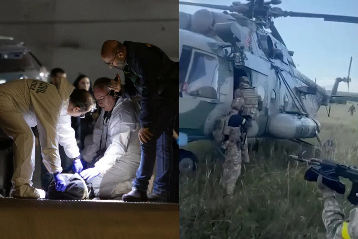Spanish Civil Guard officers investigate the garage where the body of Russian pilot Maxim Kuzminov was found, in Villajoyosa, Spain. Kuzminov flew his Mi-8 helicopter into Ukraine in 2023 to defect, saying he opposed Russia’s military offensive.