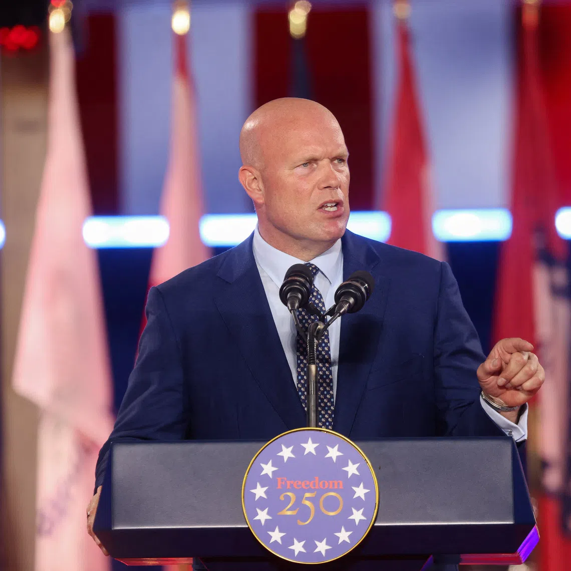 U.S. Ambassador to NATO Matthew Whitaker speaks at an event organised by the U.S. Mission to Belgium to mark the 250th anniversary of American independence, at Cinquantenaire Park, in Brussels, Belgium, June 28, 2026. REUTERS/Nicolas Economou