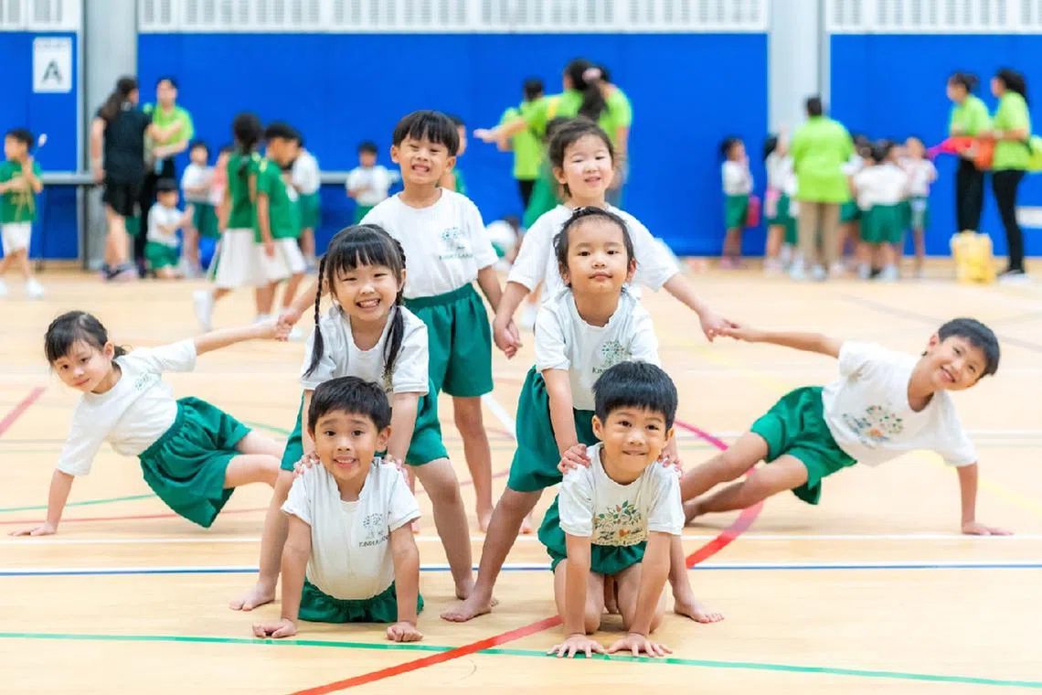 Kinderland students doing a fun KinderFit session which combines various movements. PHOTO: KINDERLAND