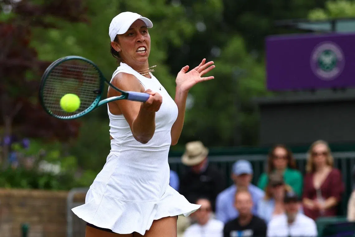 FILE PHOTO: Tennis - Wimbledon - All England Lawn Tennis and Croquet Club, London, Britain - July 5, 2024 Madison Keys of the U.S. in action during her third round match against Ukraine's Marta Kostyuk REUTERS/Matthew Childs/File Photo