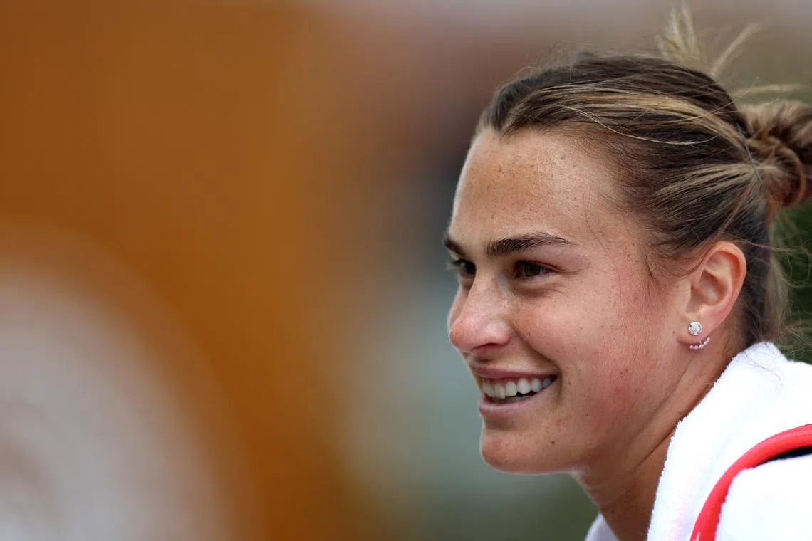 FILE PHOTO: Tennis - Wimbledon - All England Lawn Tennis and Croquet Club, London, Britain - July 1, 2024 Belarus' Aryna Sabalenka before a practice session REUTERS/Isabel Infantes/File Photo