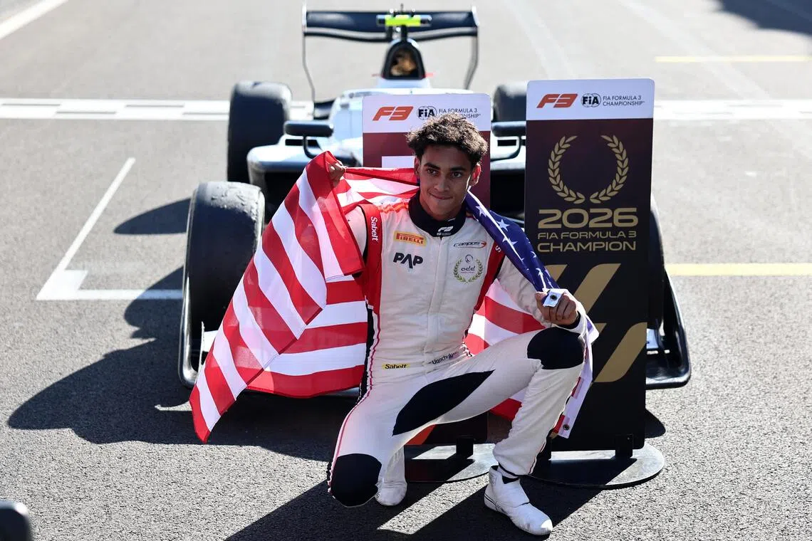 Formula One F1 - Spanish Grand Prix - Madring, Madrid, Spain - September 13, 2026
Campos Racing's Ugo Ugochukwu celebrates after winning the Formula 3 race REUTERS/Jakub Porzycki