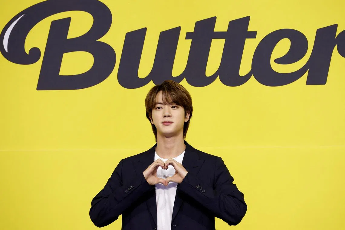 K-pop boy band BTS member Jin promoting the band's single Butter in Seoul on May 21.