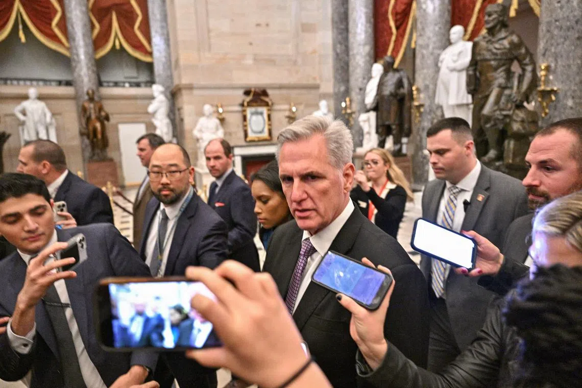 US House Republican Leader Kevin McCarthy talks to reporters after losing a sixth straight vote for Speaker of the House.