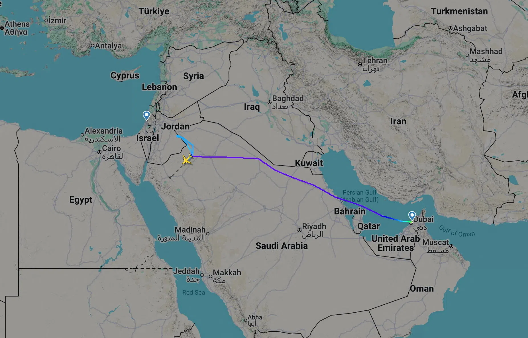 A screengrab taken from Flightradar24 showing the route of flydubai flight FZ1073.