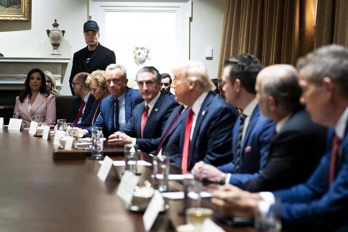Mr Elon Musk, standing, listens as President Donald Trump speaks during his first Cabinet meeting at the White House on Feb 26.