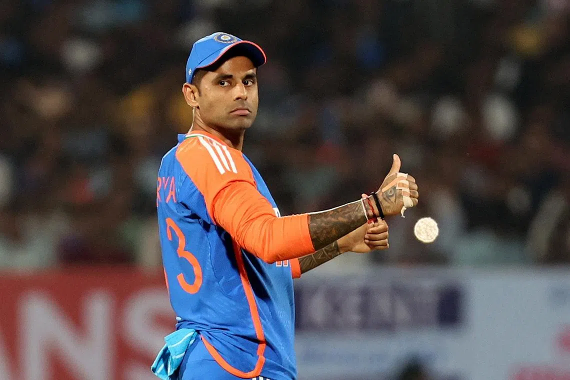 FILE PHOTO: Cricket - Third T20 International - India v England - Saurashtra Cricket Association Stadium, Rajkot, India - January 28, 2025 India's Suryakumar Yadav reacts REUTERS/Amit Dave/File Photo