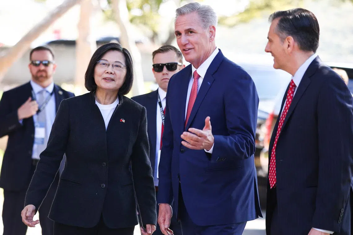 Speaker of the House Kevin McCarthy greets Taiwanese President Tsai Ing-wen in California.