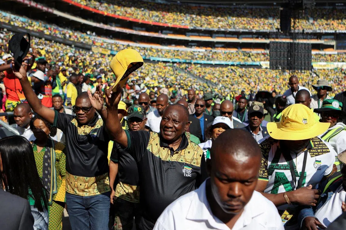FILE PHOTO: President of the African National Congress (ANC) Cyril Ramaphosa greets supporters on his arrival at the political party’s final rally ahead of the upcoming election at FNB stadium in Johannesburg, South Africa, May 25, 2024. REUTERS/Alaister Russell/File Photo