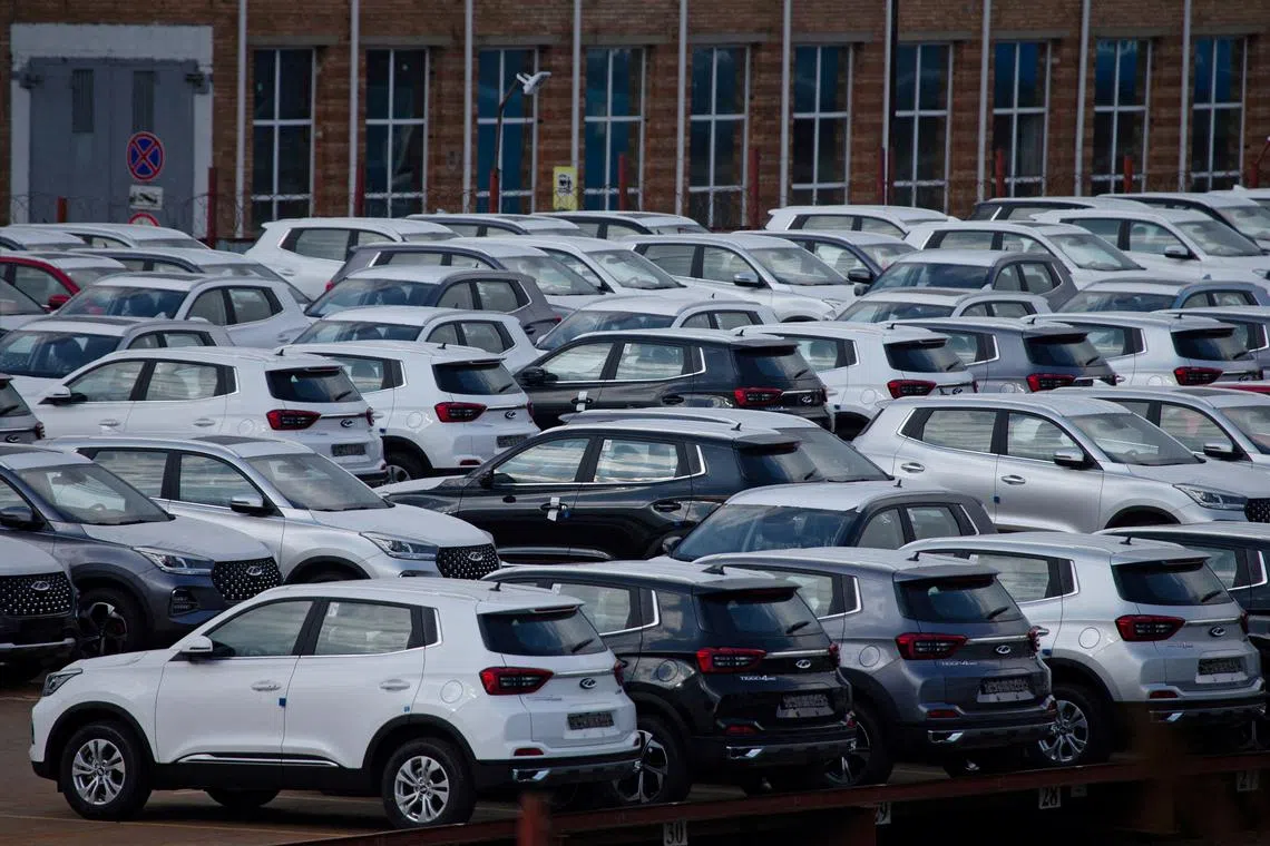 FILE PHOTO: A view shows new cars produced by Chinese automobile manufacturer Chery, in the parking lot of the Sollers plant in Vladivostok, Russia October 15, 2023. REUTERS/Tatiana Meel/File Photo
