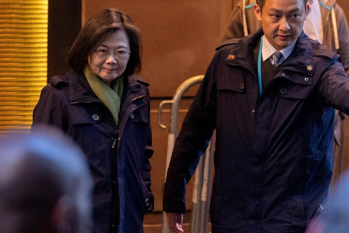 FILE PHOTO: Taiwan's  President Tsai Ing-wen departs the Lotte Hotel in Manhattan in New York City, New York, U.S., March 30, 2023. REUTERS/Jeenah Moon/File Photo