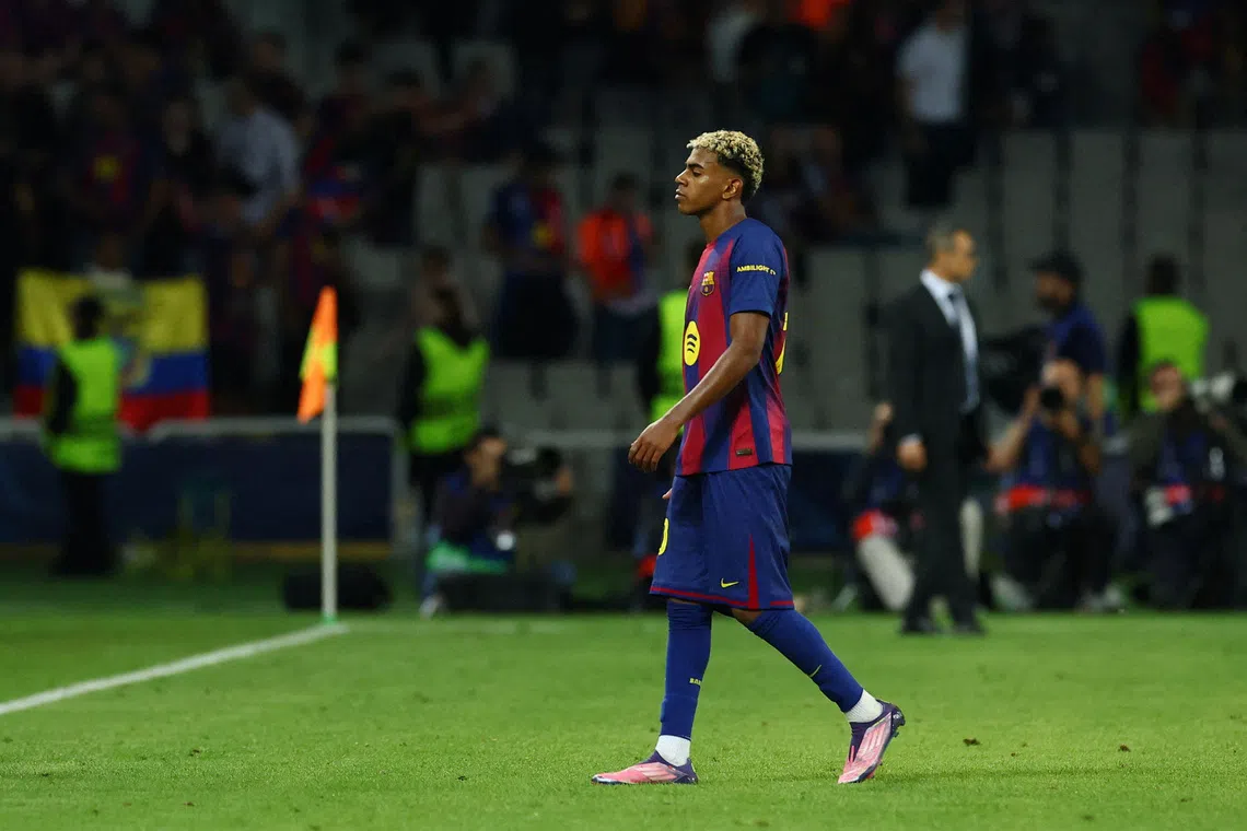 FILE PHOTO: Soccer Football - UEFA Champions League - FC Barcelona v Paris St Germain - Estadi Olimpic Lluis Companys, Barcelona, Spain - October 1, 2025 FC Barcelona's Lamine Yamal looks dejected after the match REUTERS/Albert Gea/File Photo