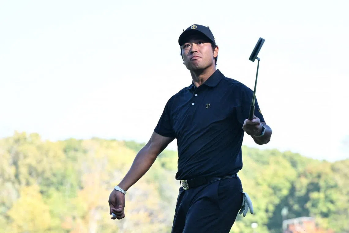 MONTREAL, QUEBEC - SEPTEMBER 29: Hideki Matsuyama of Japan and the International Team celebrates on the 14th green during Sunday Singles on day four of the 2024 Presidents Cup at The Royal Montreal Golf Club on September 29, 2024 in Montreal, Quebec, Canada.   Minas Panagiotakis/Getty Images/AFP (Photo by Minas Panagiotakis / GETTY IMAGES NORTH AMERICA / Getty Images via AFP)