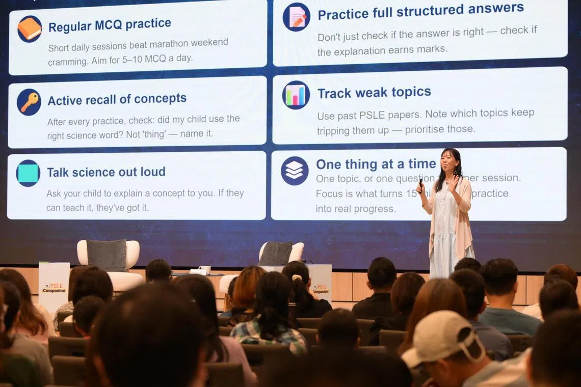 BlueTree Education co-founder and former PSLE chief examiner Jolene Ang speaking at the ST PSLE Essential Exam Strategies Workshop on July 11.