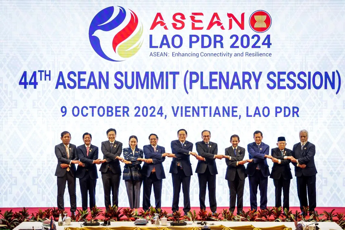 Asean leaders gathered at the National Convention Centre in Vientiane, Lao PDR for the opening ceremony of the 44th and 45th ASEAN Summits and Related Summits on 9 Oct.