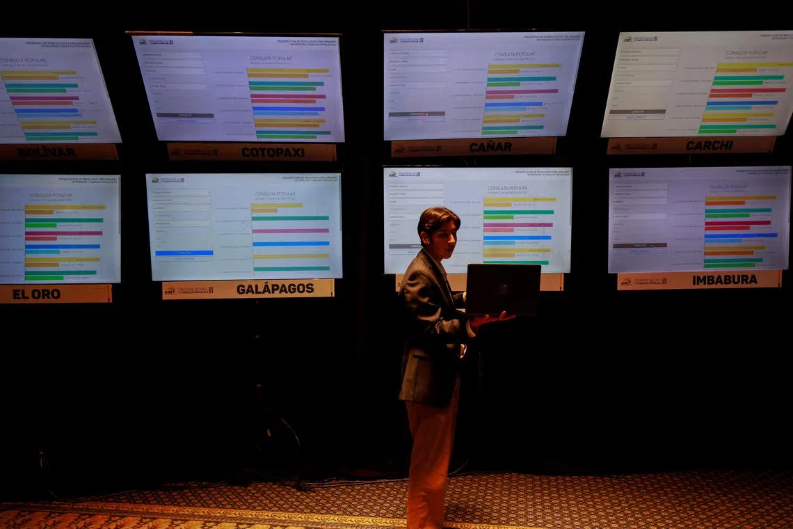 FILE PHOTO: A journalist looks at his laptop in front of a screen displaying preliminary results of a referendum on security measures to fight rising violence, at the Command Center of the National Electoral Council in Quito, Ecuador April 21, 2024. REUTERS/Karen Toro/File Photo