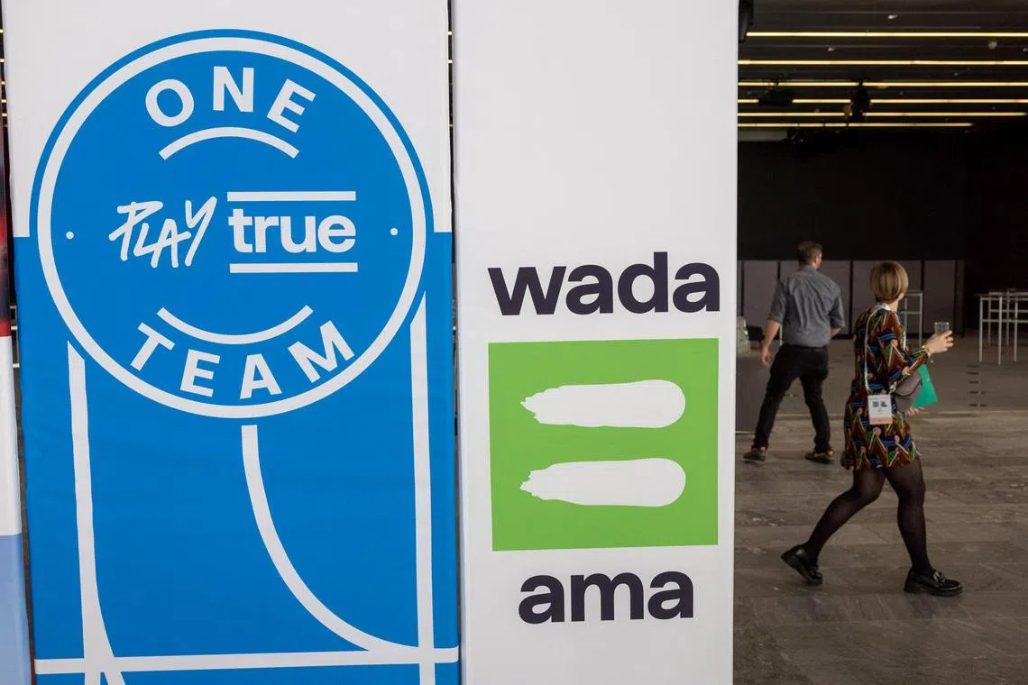 FILE PHOTO: A WADA logo is seen at the World Anti-Doping Agency (WADA) Symposium in Lausanne, Switzerland, March 12, 2024. REUTERS/Denis Balibouse/File Photo