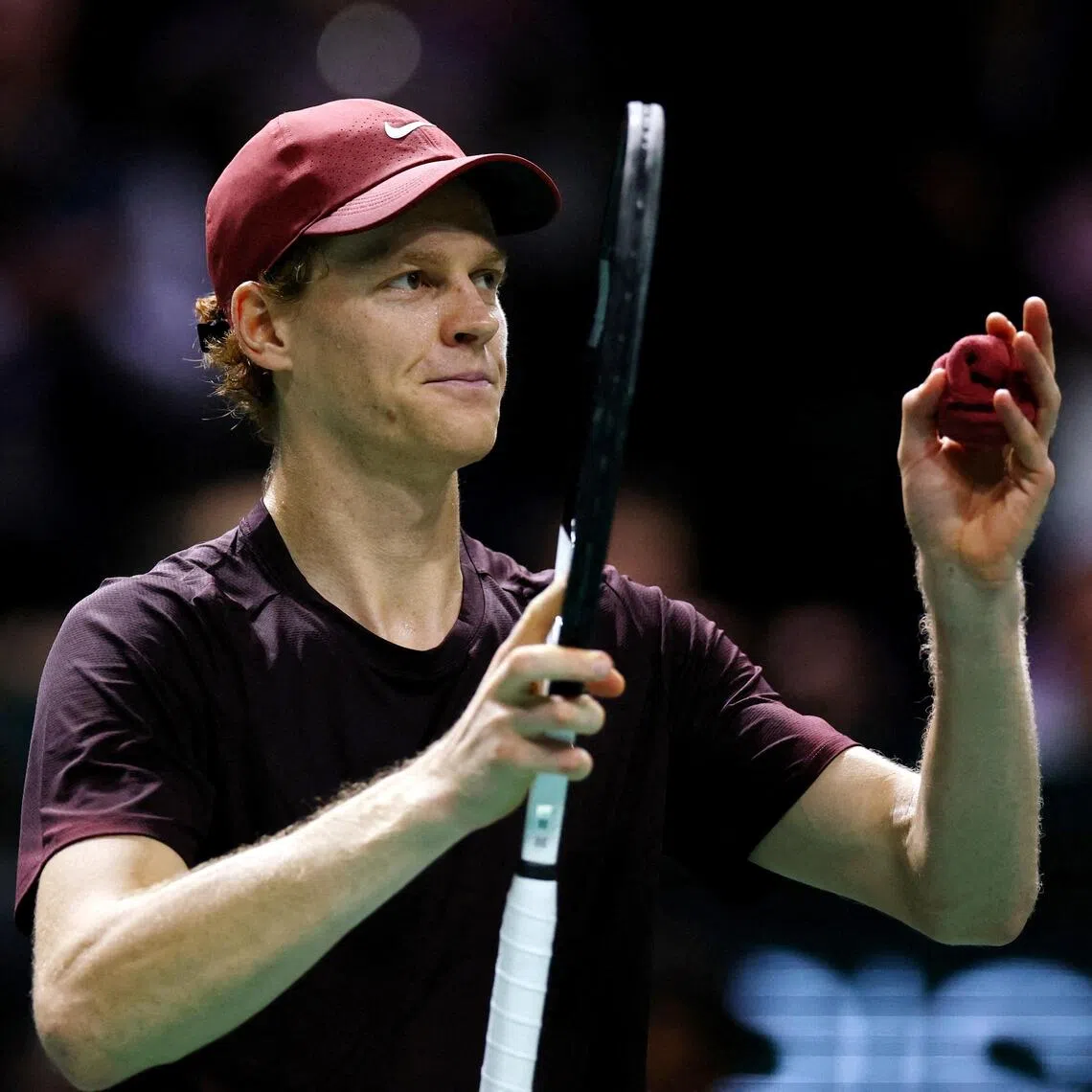 Italy's Jannik Sinner celebrates winning his quarter-final match against Ben Shelton of the US.
