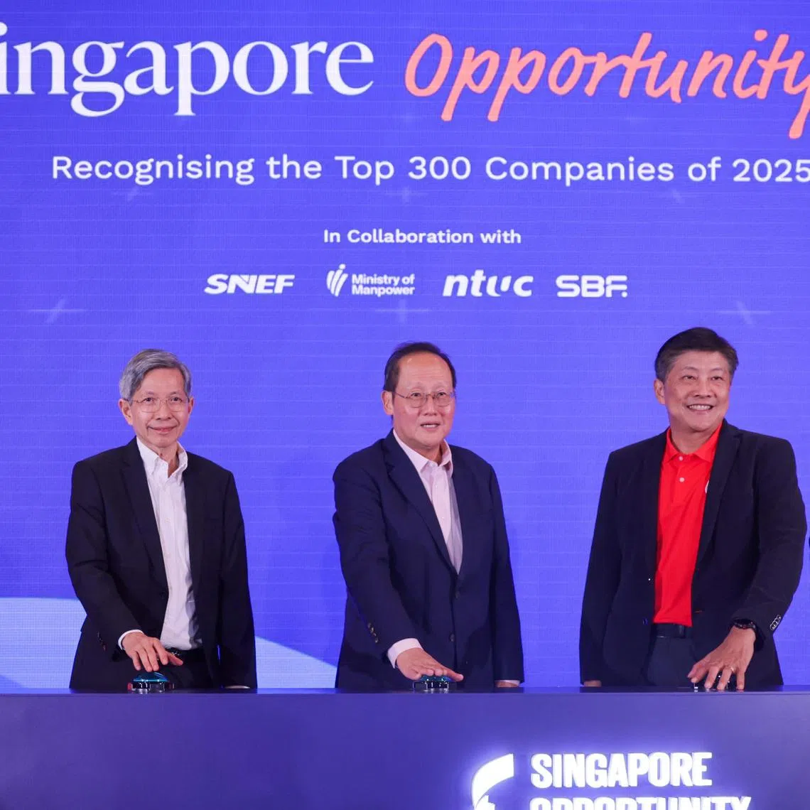 (From left) Singapore National Employers Federation president Tan Hee Teck, Manpower Minister Tan See Leng, NTUC secretary-general Ng Chee Meng and Singapore Business Federation vice-chairman Mark Lee launching the Singapore Opportunity Index on Jan 21.