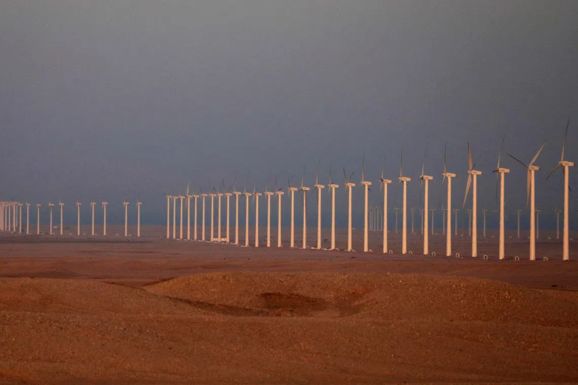 FILE PHOTO: Wind turbines, which generate renewable energy, are seen on the Zafarana Wind Farm at the desert road of Suez outside of Cairo, Egypt September 1, 2020. 