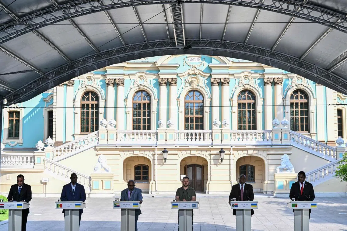 (From left) Egypt Prime Minister Mostafa Madbouly, Senegal President Macky Sall, Comoros President Azali Assoumani, Ukraine President Volodymyr Zelensky, South Africa President Cyril Ramaphosa and Zambia President Hakainde Hichilema hold a press conference after their talks in Kyiv.