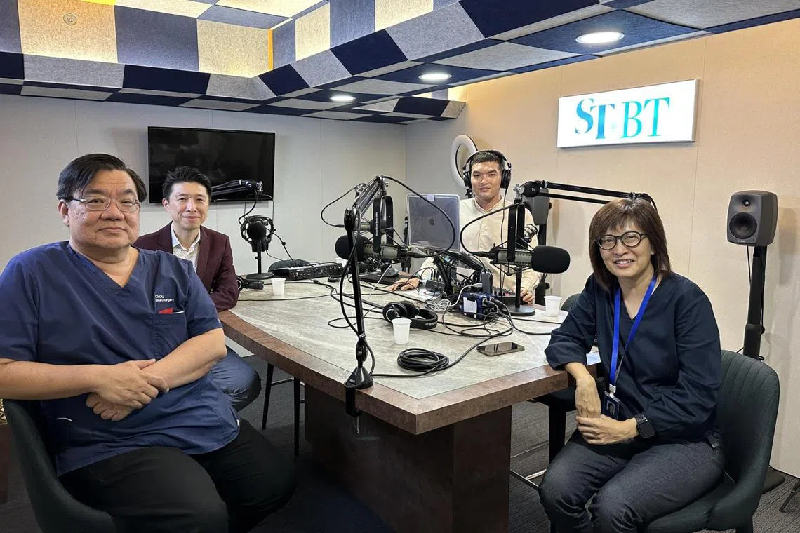 (Clockwise from left) Neurosurgeon of Chou Neuroscience Clinic Dr Chou Ning, head of propositions and portfolio management of Great Eastern Eddy Lim, ST Podcast Producer Teo Tong Kai and ST senior health correspondent Joyce Teo in the studio.