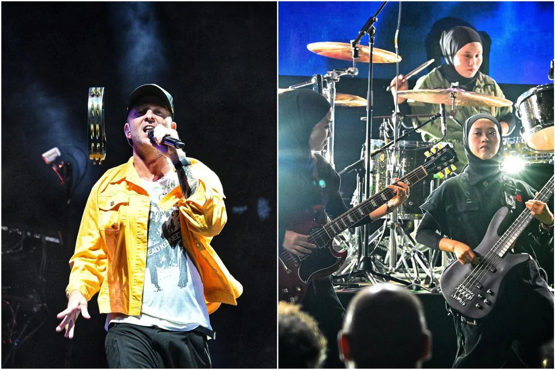 One Republic (left) and Indonesian metal trio Voice Of Baceprot performing on the first night of the Formula 1 Singapore Airlines Singapore Grand Prix 2024 on Sept 20.