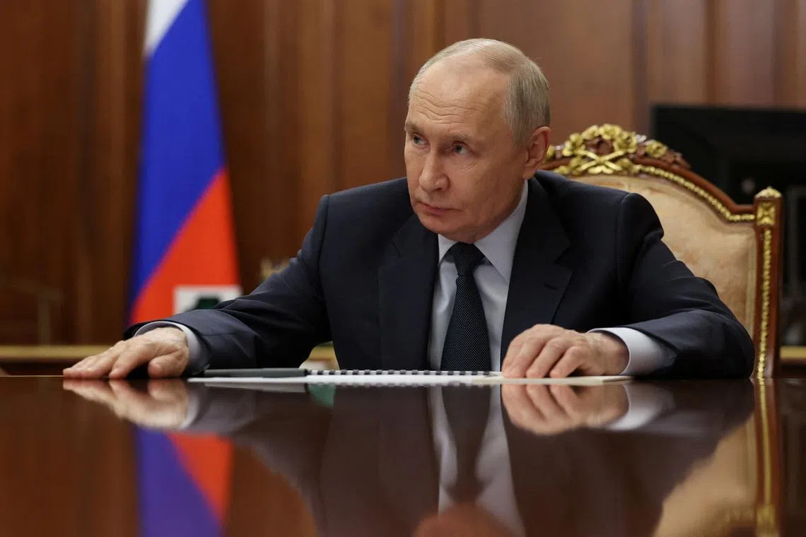 Russia's President Vladimir Putin attends a meeting with CEO of Rostec state corporation Sergei Chemezov in Moscow, Russia, May 7, 2026. Sputnik/Mikhail Metzel/Pool via REUTERS