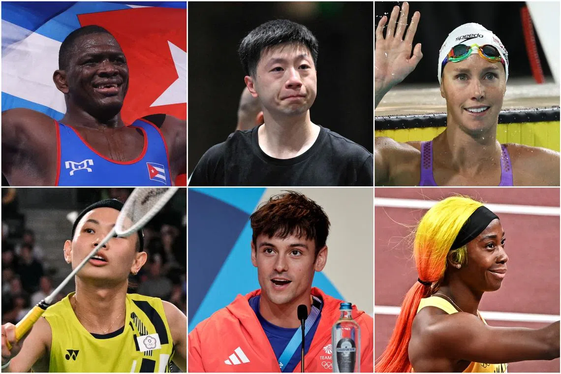 (Clockwise from top left) Cuba's Mijain Lopez Nunez, China's Ma Long, Australia's Emma McKeon, Jamaica's Shelly-Ann Fraser-Pryce, Britain's Tom Daley, and Taiwan's Tai Tzu-ying.