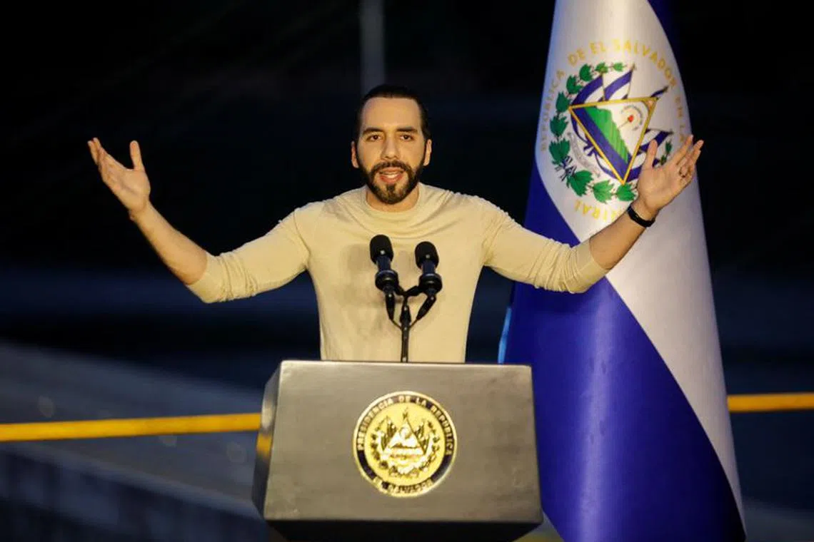 El Salvador's President Nayib Bukele speaks during the inauguration of the 3 de Febrero hydroelectric power plant in San Luis de La Reina, El Salvador October 19, 2023. REUTERS/Jose Cabezas