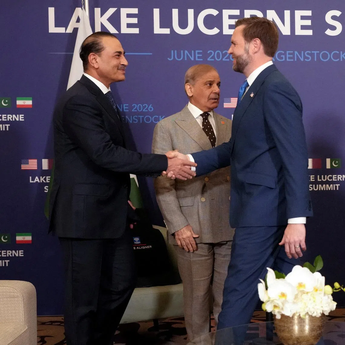 (From left) Pakistani army chief Field Marshal Asim Munir, Pakistani Prime Minister Shehbaz Sharif and US Vice-President J.D. Vance in the Swiss town of Buergenstock on June 21.