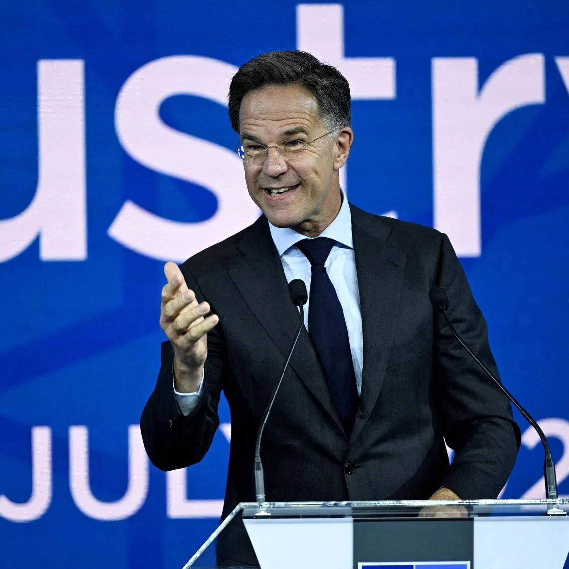 NATO Secretary General Mark Rutte speaks during the NATO Summit Defence Industry Forum as NATO prepares to officially select the Swedish Saab GlobalEye surveillance platform during the Summit in Ankara, Turkey, July 7, 2026.  Lehtikuva/Emmi Korhonen via REUTERS