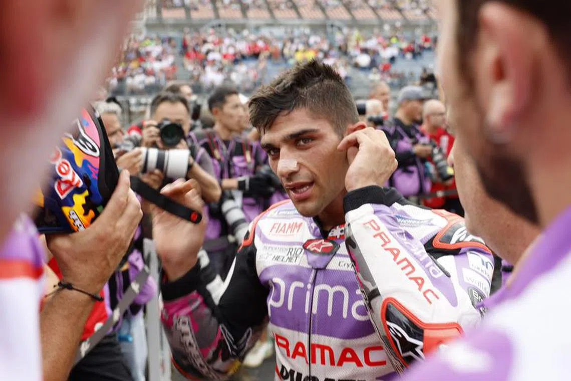 MotoGP - Japanese Grand Prix - Sprint race - Mobility Resort Motegi, Motegi, Japan - September 30, 2023 Prima Pramac Racing's Jorge Martin celebrates after winning the sprint race REUTERS/Issei Kato