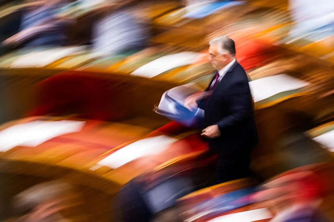 Hungarian Prime Minister Viktor Orban arriving in Parliament for the vote to start the withdrawal process from the International Criminal Court, in Budapest, Hungary, on May 20, 2025. 
