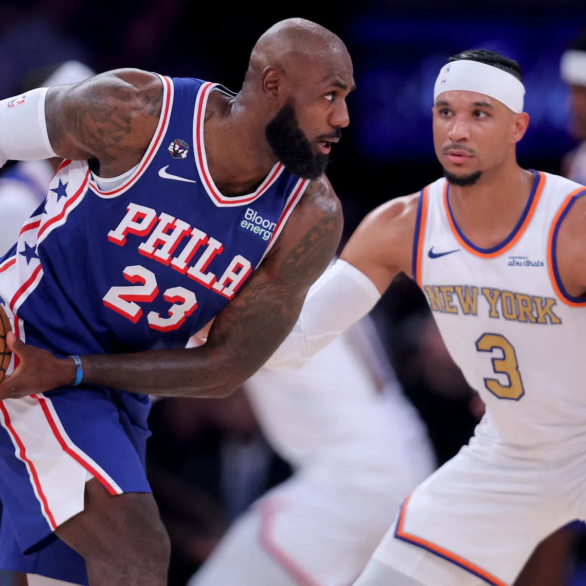 Philadelphia 76ers forward LeBron James controls the ball against New York Knicks guard Josh Hart during the first quarter at Madison Square Garden on Oct 20.
