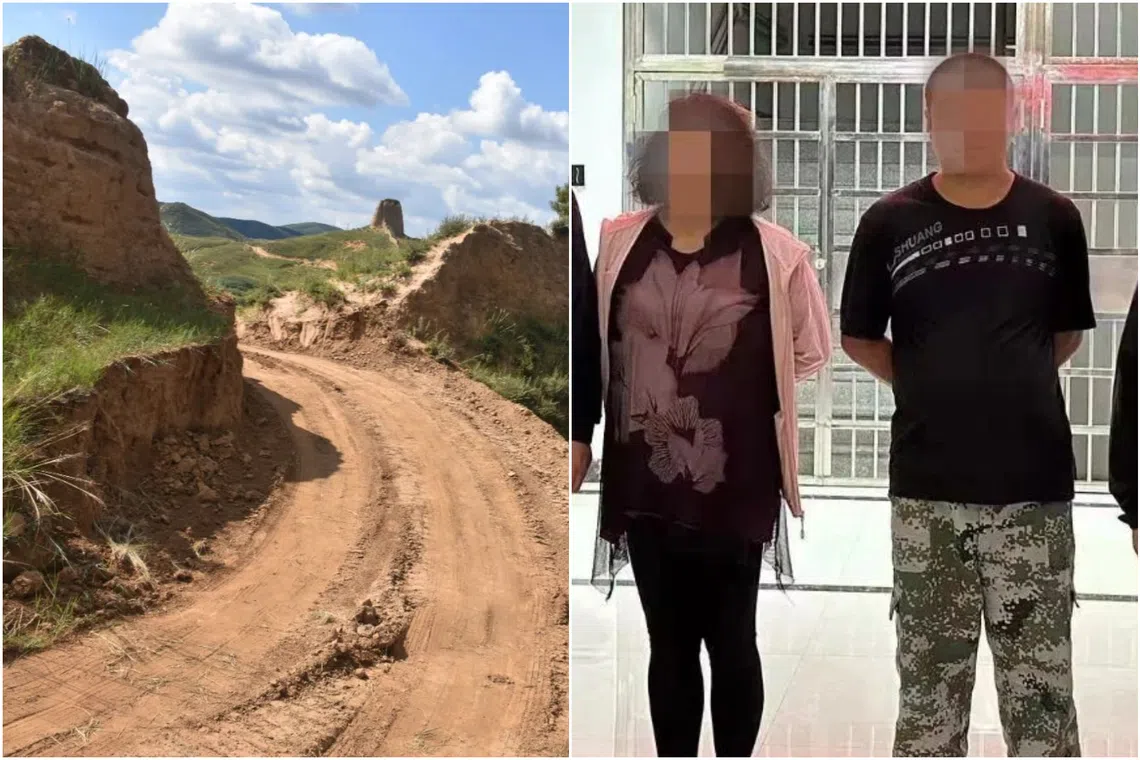 Two people have been detained for digging through a section of the Great Wall.