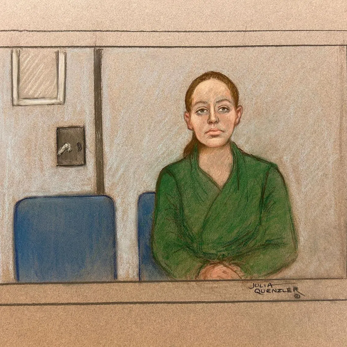 Lucy Letby appearing via video link at an appeal against her conviction, in a 2024 courtroom sketch.