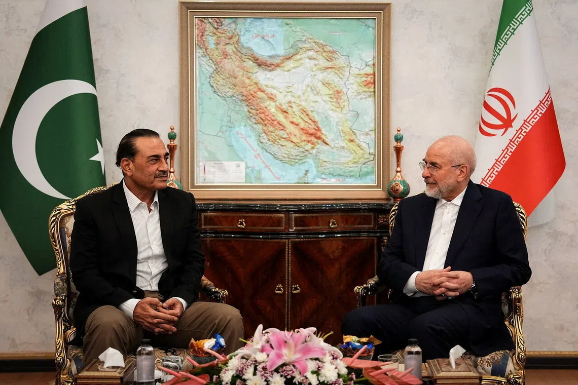 Iranian Parliament Speaker Mohammad Bagher Ghalibaf meeting Chief of Defence Forces of Pakistan, Field Marshal Asim Munir, in Tehran on Aug 24.