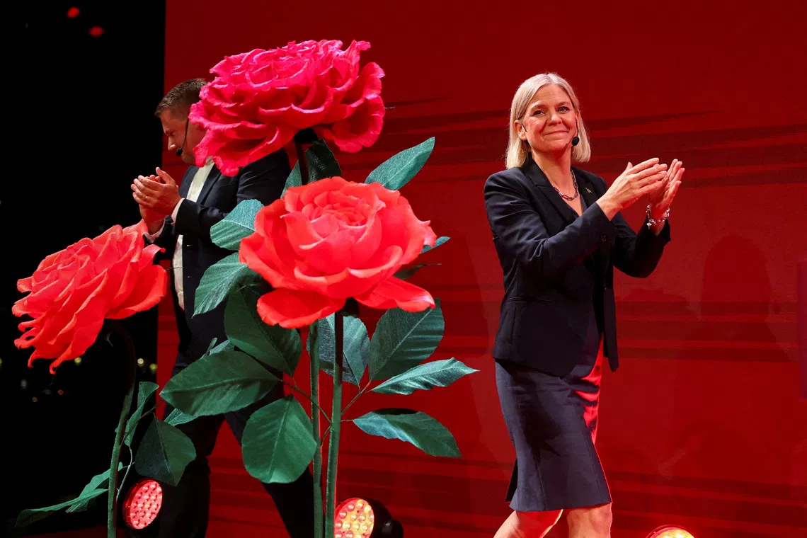 Swedish Social Democratic Party Magdalena Andersson claps on stage as the general election's voting results are released in Stockholm, Sweden, September 13, 2026. REUTERS/Denis Balibouse
