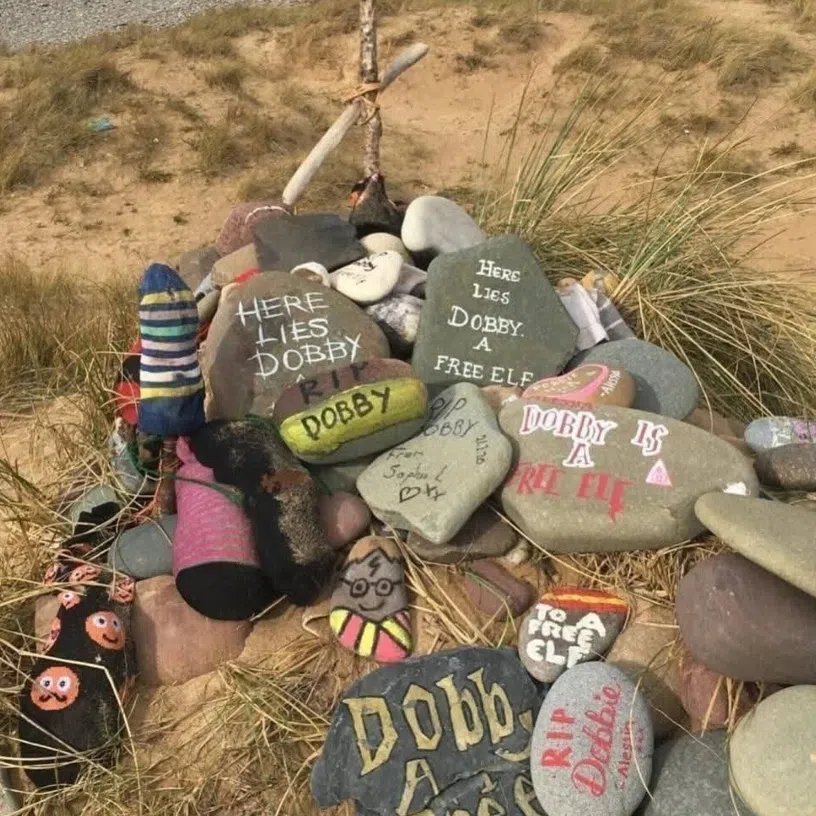 Freshwater West beach became popular with fans leaving socks and pebbles with messages written to Dobby at his unofficial resting place.