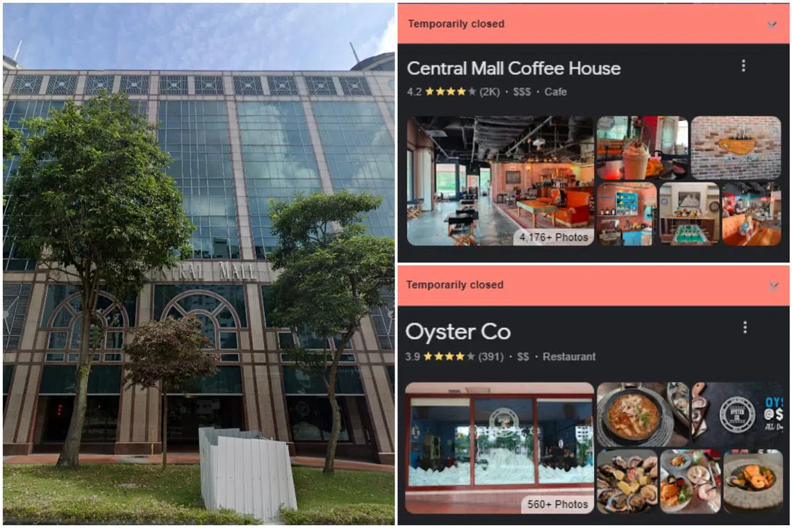 SFA said the licence of Central Mall Coffeehouse (right, top), Oyster Co (right, bottom) and Sushi Co is suspended from Thursday till June 7. 