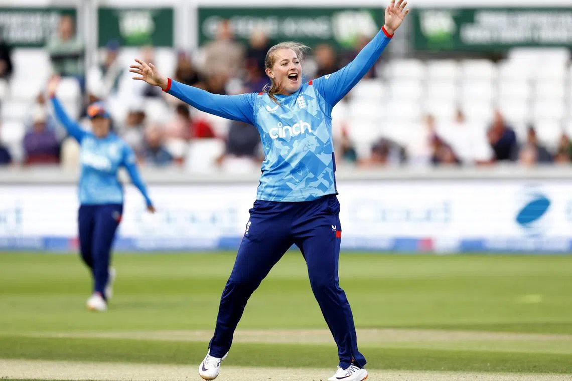 Cricket - Women's Third One Day International - England v Pakistan - County Cricket Ground, Chelmsford, Britain - May 29, 2024 England's Sophie Ecclestone appeals successfully for the lbw wicket of Pakistan's Umm-e-Hani Action Images via Reuters/Peter Cziborra