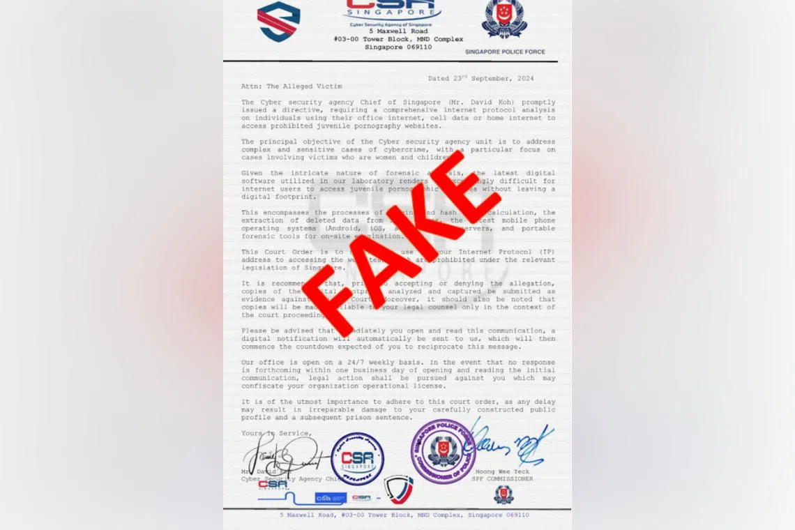 According to SingCERT, the scammers claim that a court order has been filed against the recipient’s Internet Protocol (IP) address for illegal activities.