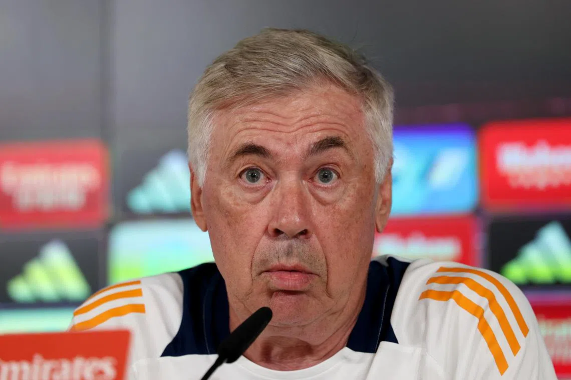 Soccer Football - LaLiga - Real Madrid Press Conference - Ciudad Real Madrid, Valdebebas, Madrid, Spain - August 17, 2024 Real Madrid coach Carlo Ancelotti during the press conference REUTERS/Isabel Infantes/File Photo