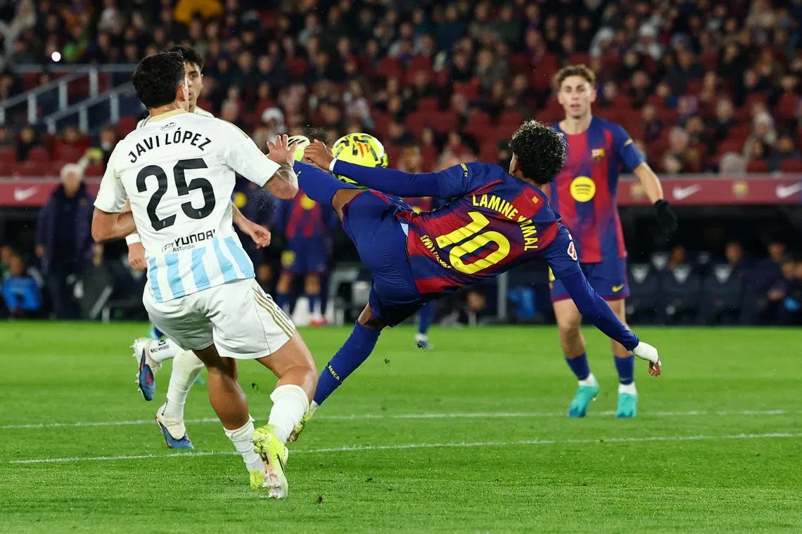 Soccer Football - LaLiga - FC Barcelona v Real Oviedo - Spotify Camp Nou, Barcelona, Spain - January 25, 2026 FC Barcelona's Lamine Yamal scores their third goal REUTERS/Albert Gea