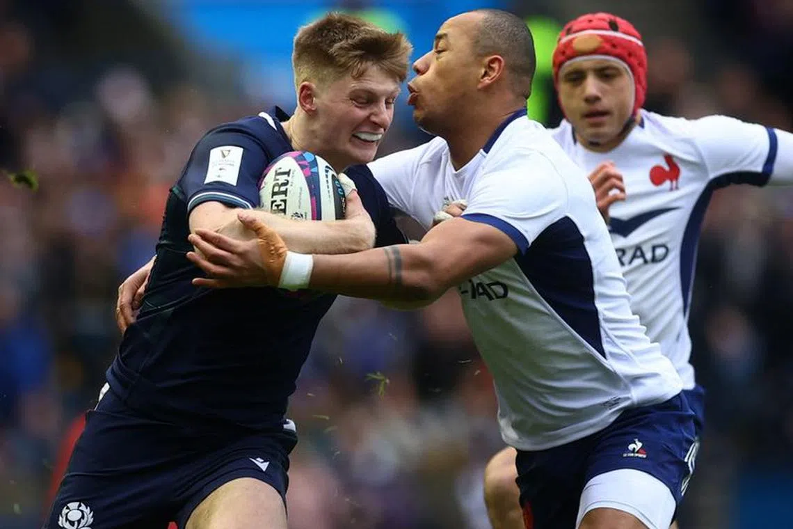 FILE PHOTO: Rugby Union - Six Nations Championship - Scotland v France - Murrayfield Stadium, Edinburgh, Scotland, Britain - February 10, 2024 Scotland's Kyle Rowe in action with France's Gael Fickou Action Images via Reuters/Lee Smith/File Photo