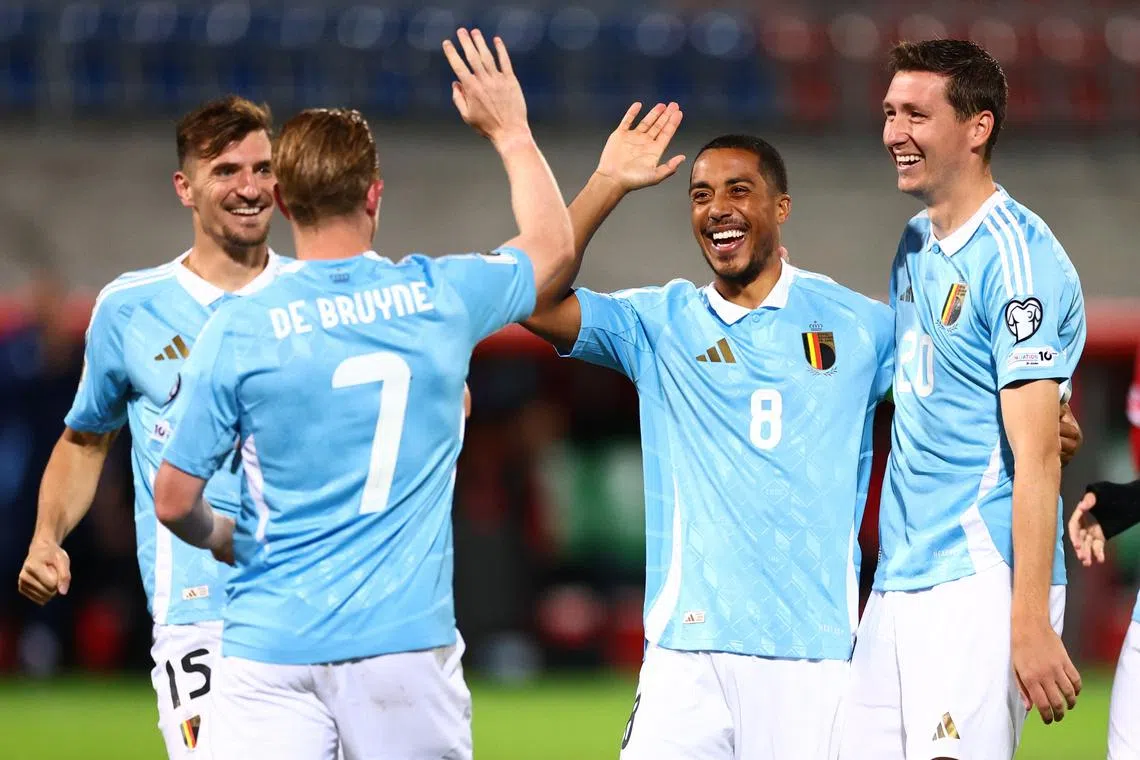 Soccer Football - World Cup - UEFA Qualifiers - Group J - Liechtenstein v Belgium - Rheinpark Stadion, Vaduz, Liechtenstein - September 4, 2025 Belgium's Youri Tielemans celebrates scoring their second goal with Kevin De Bruyne REUTERS/Denis Balibouse
