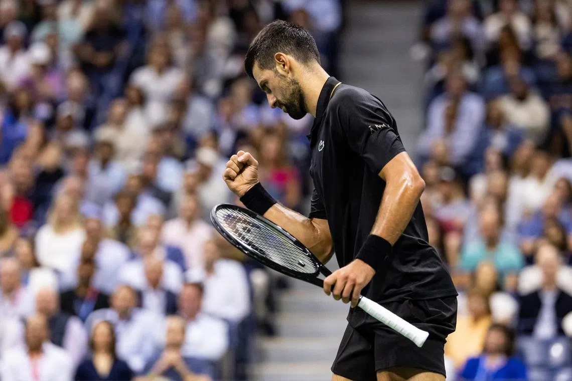 Sep 2, 2025; Flushing, NY, USA; Novak Djokovic of Serbia in action against Taylor Fritz of the United States in the quarterfinal of the men’s singles at the US Open at Arthur Ashe Stadium in Billie Jean King National Tennis Center. Mandatory Credit: Mike Frey-Imagn Images