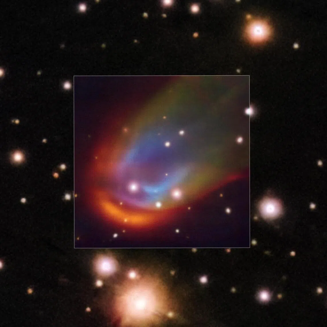 A white dwarf star creating a colourful shockwave, as observed using the Very Large Telescope in Chile.
