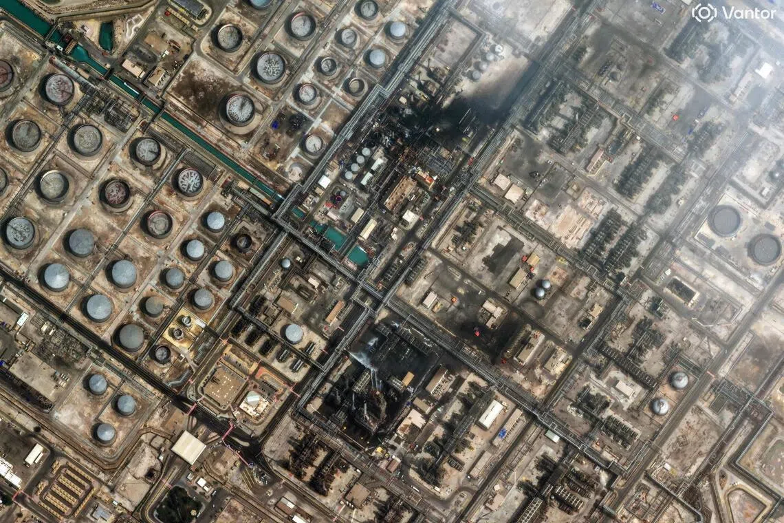 Damage at Saudi Aramco’s Ras Tanura oil refinery on March 2. Ras Tanura was struck again on March 4 by an unknown projectile.